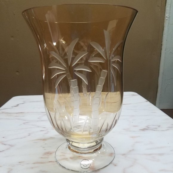 Lenox 9" British Colonial Etched Glass Palm Trees Hurricane Lamp- Amber - Picture 1 of 8